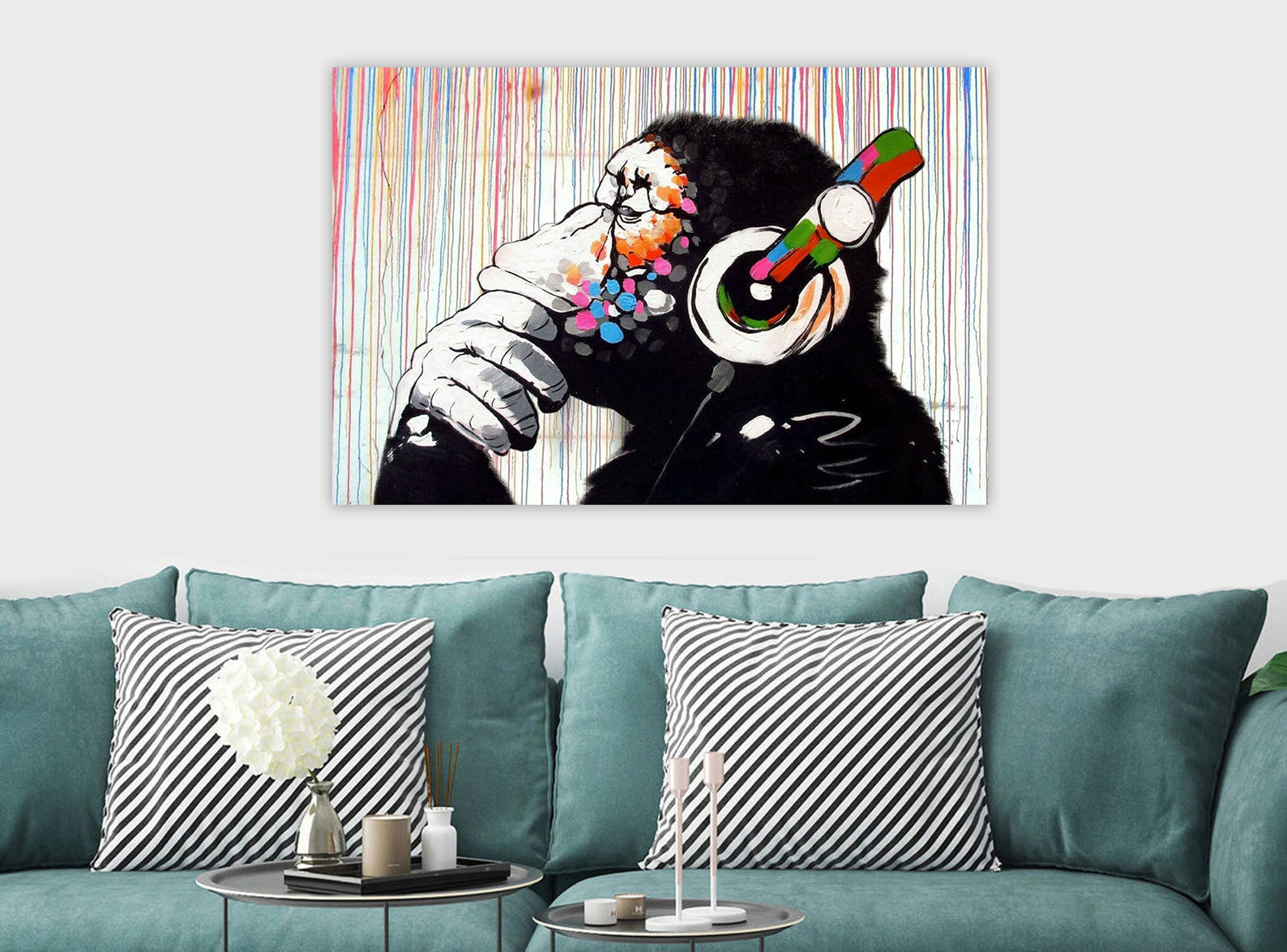 Banksy - DJ Monkey Gorilla Chimp - Rainbow Rain - Canvas Framed Wall Art Print - Various sizes