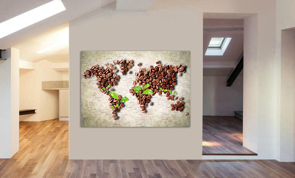 Coffee Beans World Map - Canvas Wall Art Framed Print. Various Sizes