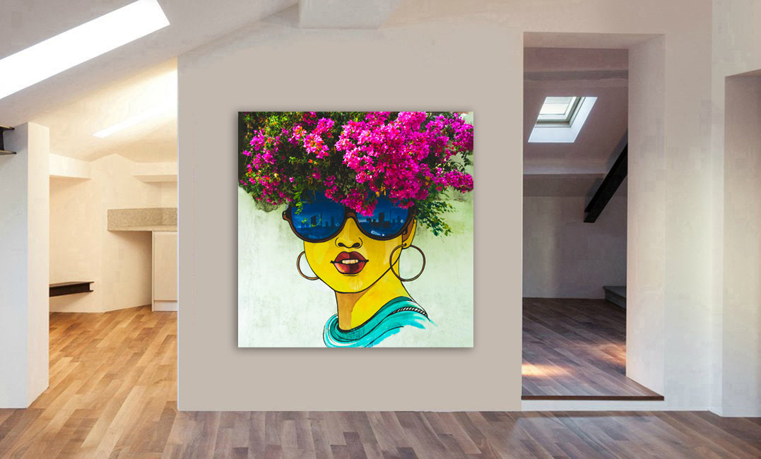 Graffiti Flower Hair - Street Art - Canvas Framed Wall Print - Various Sizes