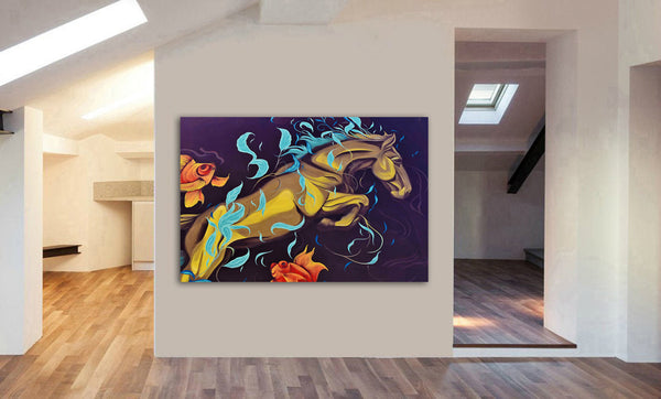 Jumping Horse Graffiti - Canvas Wall Art Framed Print - Various Sizes