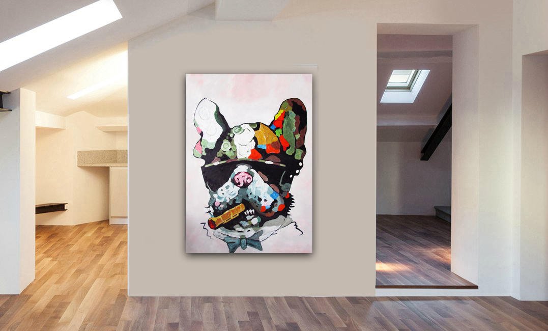 French Bulldog Smoking Abstract Canvas Wall Art Framed Print - Various Sizes