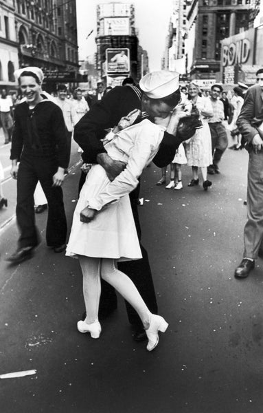 Sailor Kissing Nurse In Times Square Black And White Canvas Wall Art Framed Print