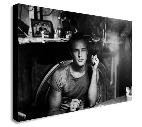 Marlon Brando Smoking - Black And White Canvas Wall Art Framed Print - Various Sizes