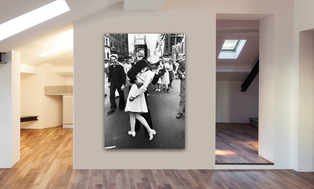 Sailor Kissing Nurse In Times Square Black And White Canvas Wall Art Framed Print