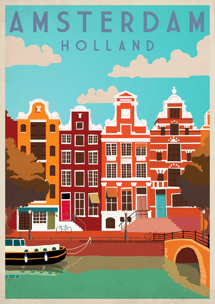 Amsterdam, Holland - Retro - Vintage - Canvas Wall Art Framed Print. Various Sizes