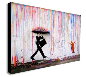 BANKSY Coloured Rain - Canvas Wall Art Framed Print - Various Sizes