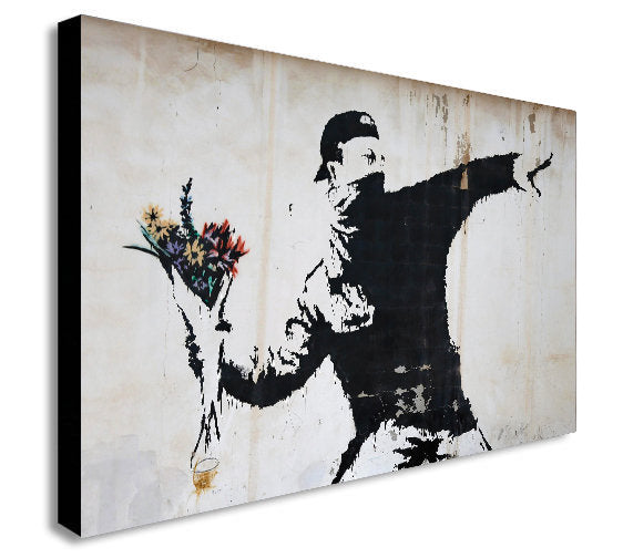 BANKSY - Flower Thrower - Canvas Wall Art Framed Print - Various Sizes
