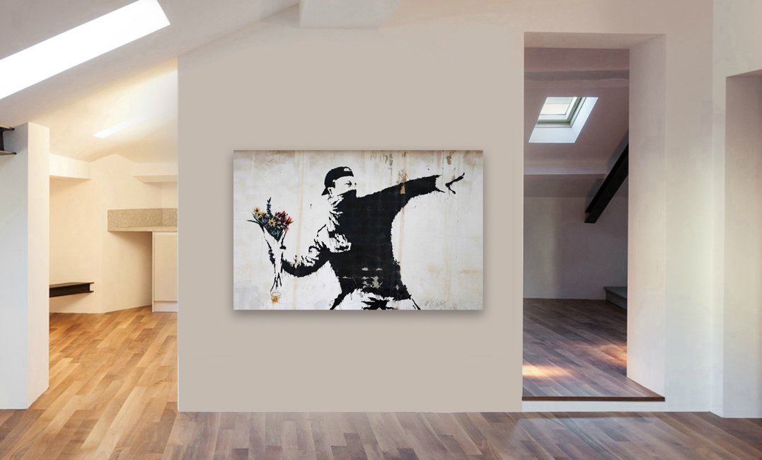 BANKSY - Flower Thrower - Canvas Wall Art Framed Print - Various Sizes