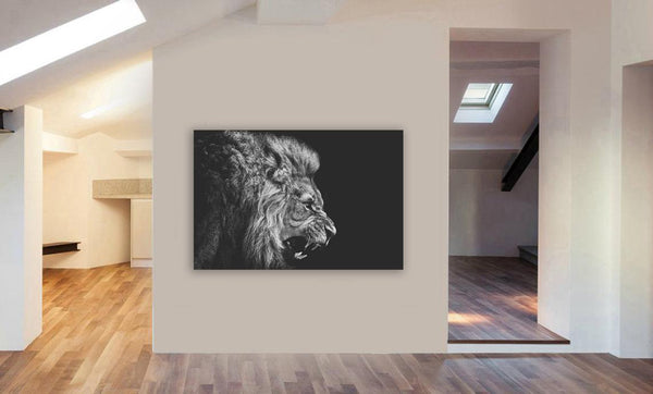 Lion Roar - Black and White - Canvas Wall Art Framed Print - Various sizes