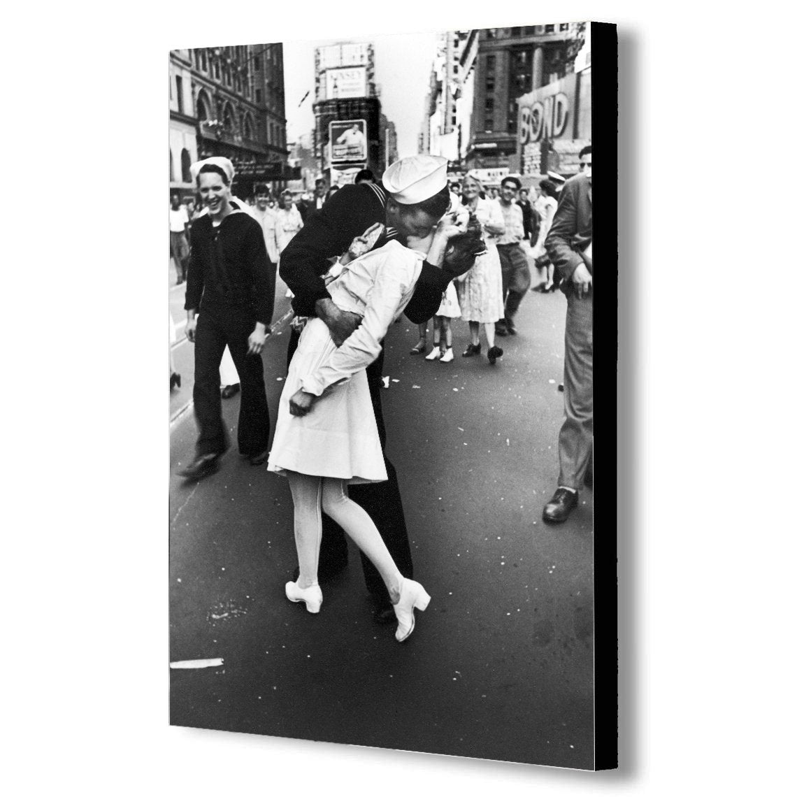 Sailor Kissing Nurse In Times Square Black And White Canvas Wall Art Framed Print