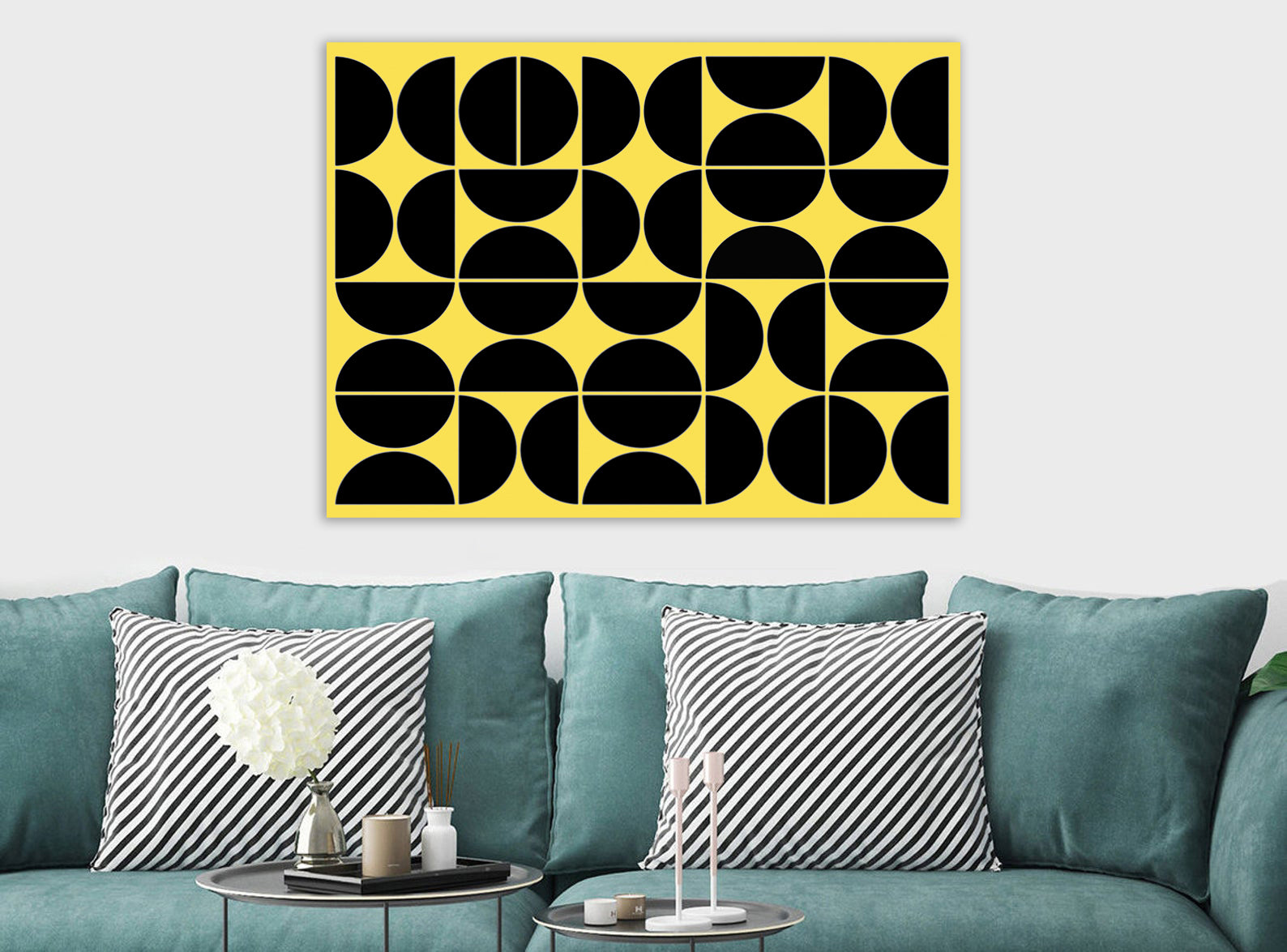 Geometric Yellow Mid Century - Canvas Wall Art Framed Print - Various Sizes