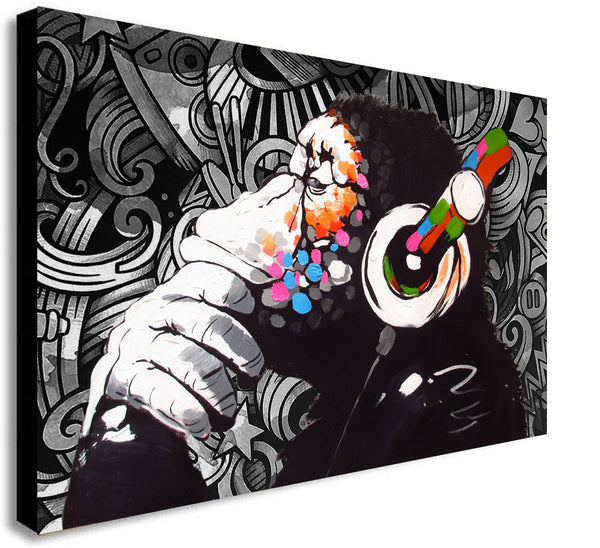 Banksy DJ Monkey Chimp Graffiti Wall - Canvas Art Framed Print. Various Sizes