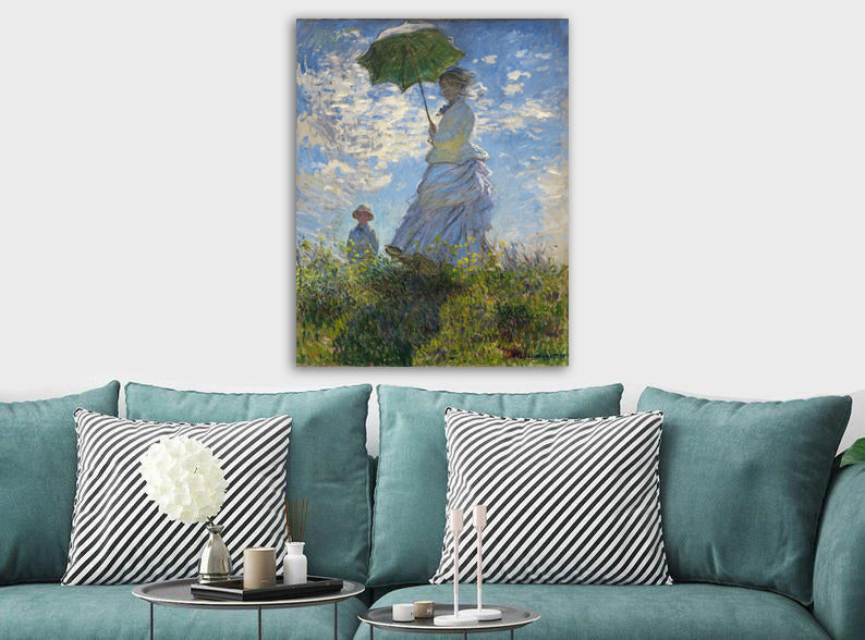 Woman with a Parasol, Madame Monet and Her Son by Claude Monet - Canvas Wall Art Framed Print - Various Sizes