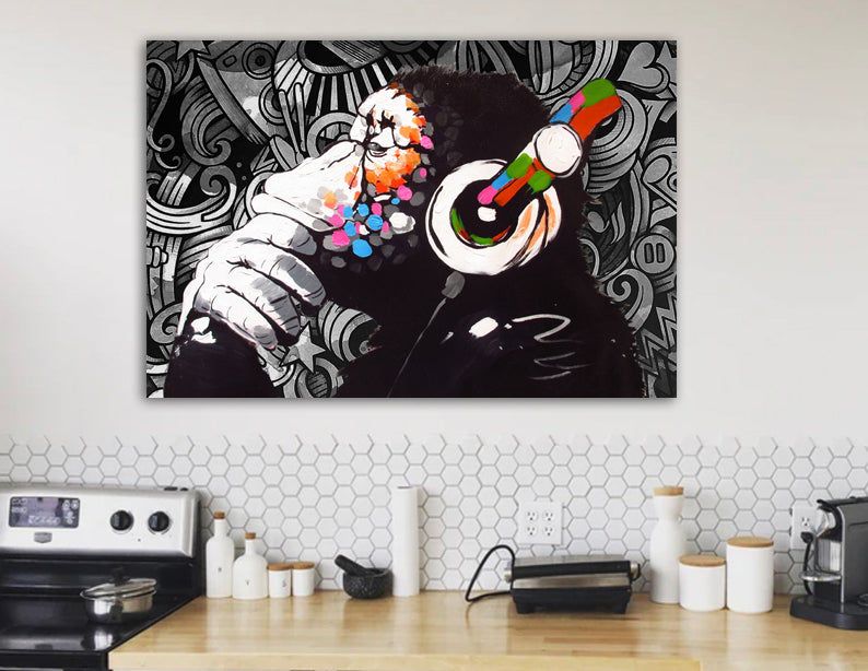 Banksy DJ Monkey Chimp Graffiti Wall - Canvas Art Framed Print. Various Sizes