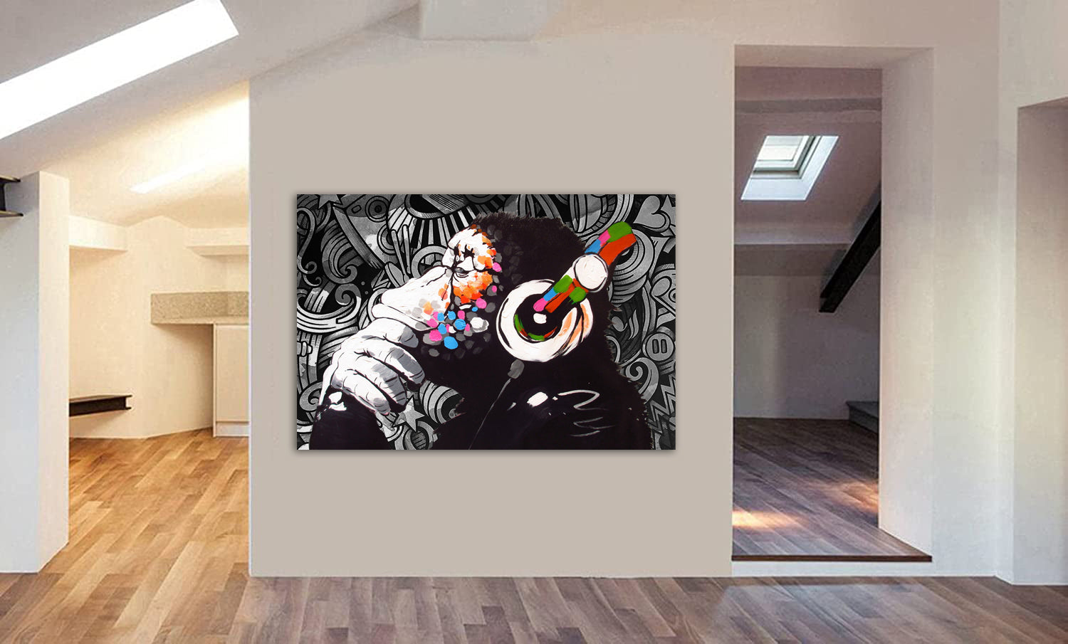 Banksy DJ Monkey Chimp Graffiti Wall - Canvas Art Framed Print. Various Sizes