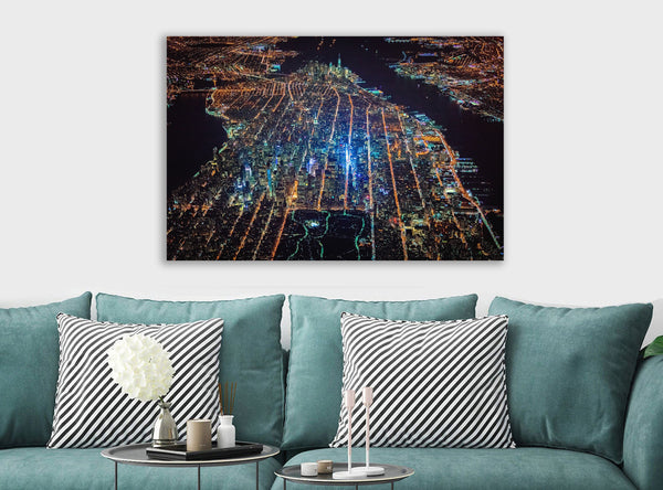New York From Above At Night - Canvas Wall Art Framed Print - Various Sizes