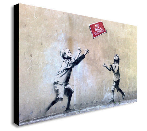 BANKSY Street Art - No Ball Games - Graffiti - Canvas Wall Art Framed Print - Various Sizes