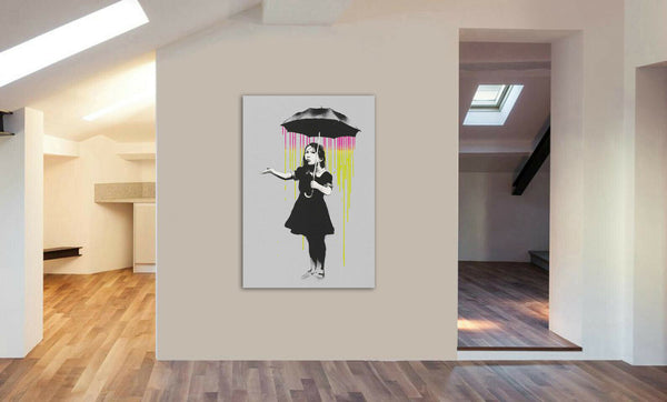 Banksy Nola - Umbrella Rain - Canvas Wall Art Framed Print- Various Sizes