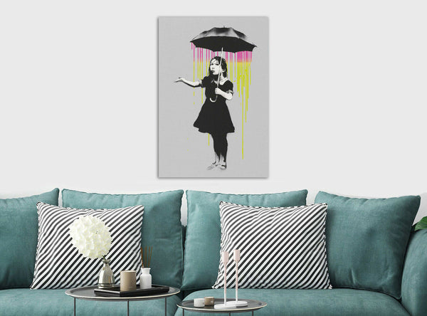 Banksy Nola - Umbrella Rain - Canvas Wall Art Framed Print- Various Sizes