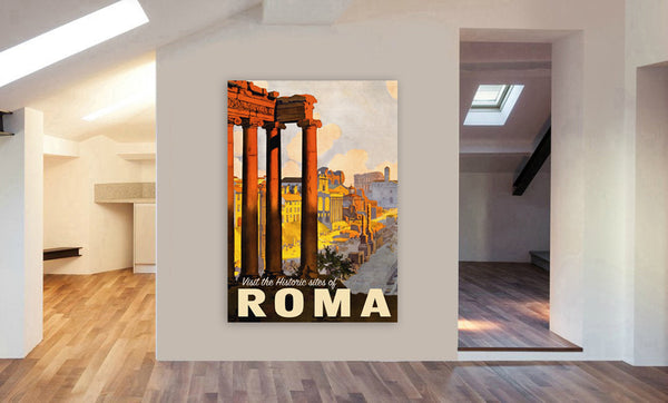 Visit Roma Vintage - Canvas Wall Art Framed Print. Various Sizes