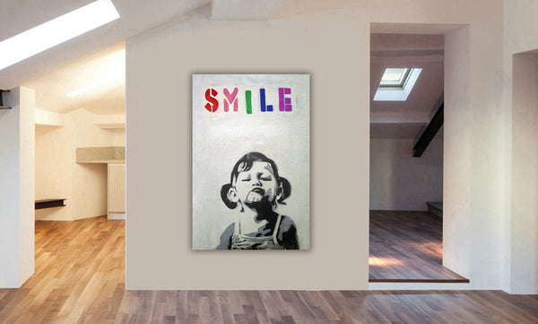 Banksy - Smile Girl - Canvas Wall Art Framed Print - Various Sizes